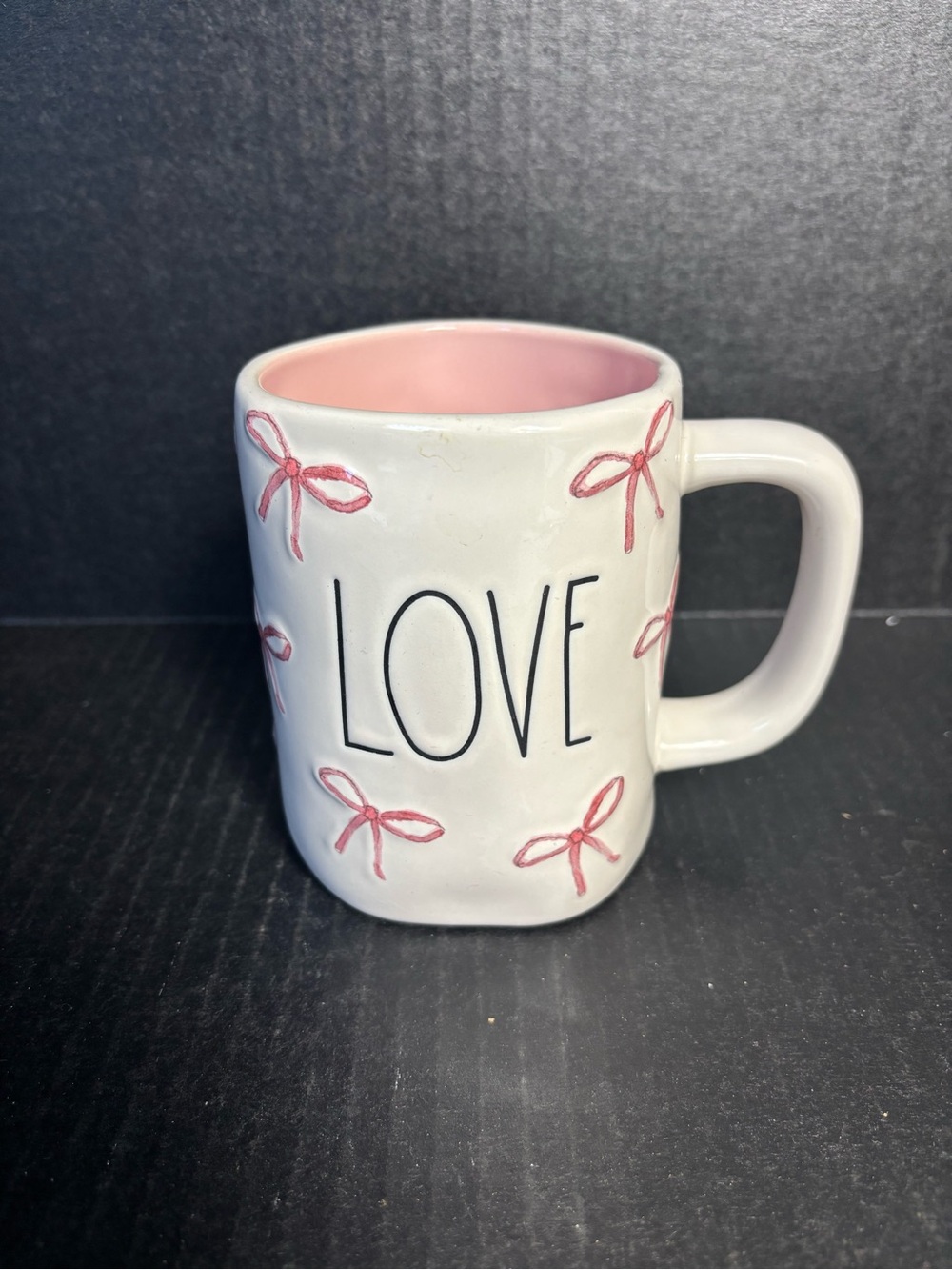 Rae Dunn White Mug with Pink Interior and Bow Accents - LOVE Design